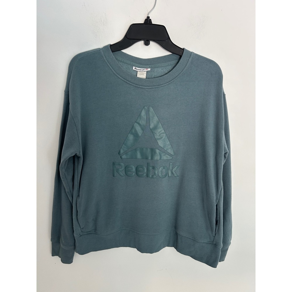 Reebok Womens Crewneck Sweatshirt‎ Teal Blue Green Raised Logo Pockets fleece